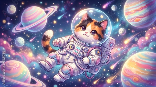 Cute Calico Cat Astronaut Floating in Outer Space with Colorful Planets