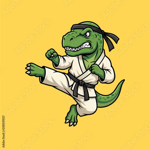 Angry Dinosaur Martial Artist Cartoon Character Karate Kick Mascot