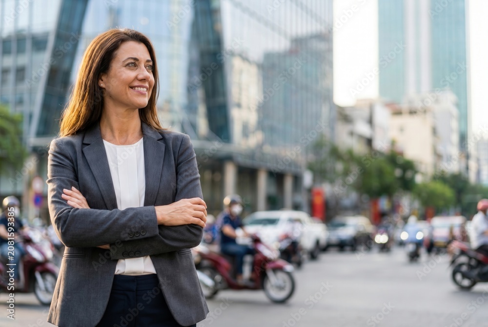 Fototapeta premium Professional woman with arms crossed looking away in a bustling city environment