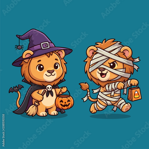 Cute cartoon lions in witch and mummy Halloween costumes