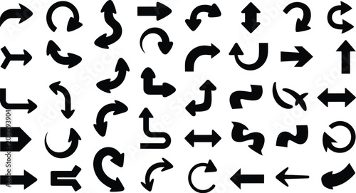 Bild auf Leinwand Arrow icons displaying various directions, turns, navigation, and movement symbols in black vector style on white background