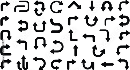 Bild auf Leinwand Arrow icons displaying various directions, turns, navigation, and movement symbols in black vector style on white background