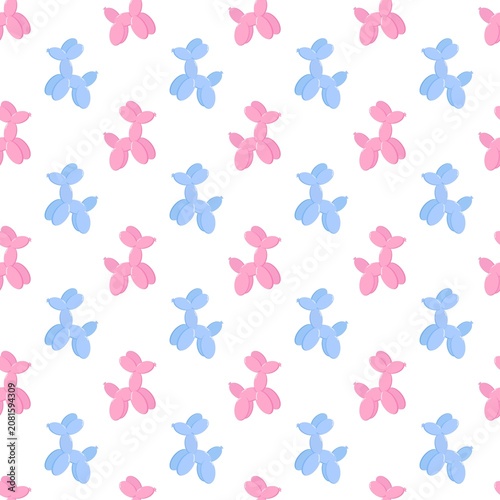 Seamless pattern of balloon dog shapes in pink and blue on white background, playful decorative design for wallpapers