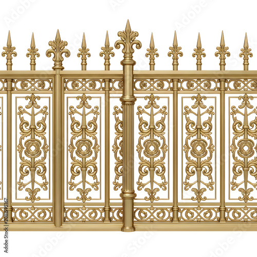 Ornate decorative metal fence with intricate green and gold design