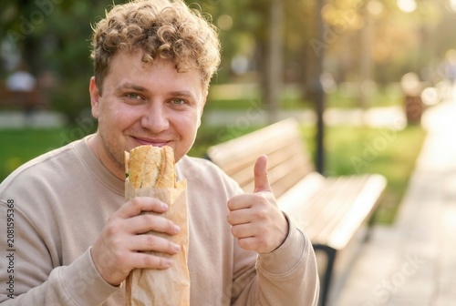Man holding baguette sandwich and showing thumbs up in park