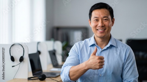 Happy asian man working as customer support representative in modern office