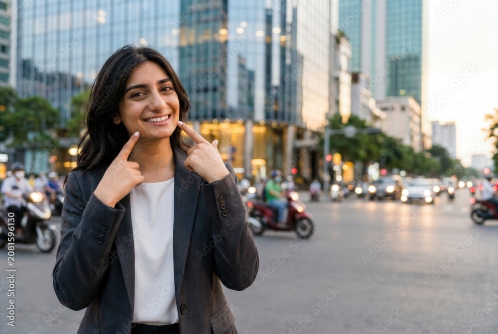 Fototapeta premium Young businesswoman smiling and pointing at her teeth, standing outdoors in a bustling city