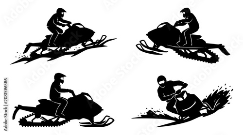 Fotografía Snowmobile rider in motion during winter sports with dynamic snow spray and acti