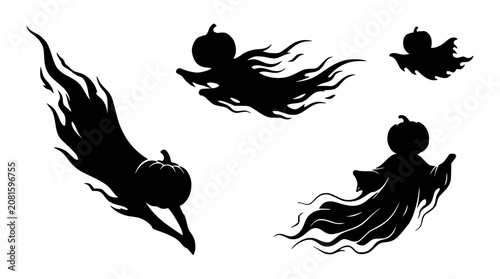 Obraz na plátně Spooky Halloween pumpkin ghosts flying with fiery trails in a whimsical silhouet