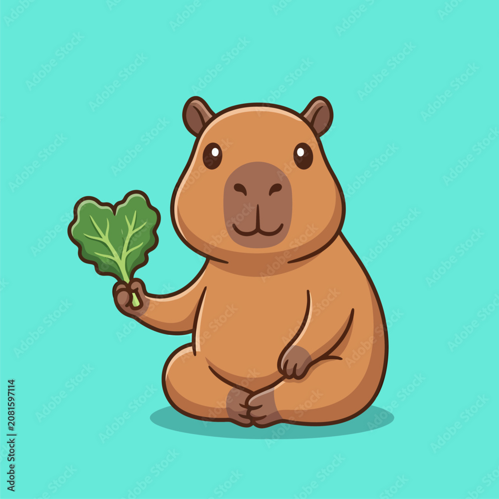 Fototapeta premium Cute Capybara Character Holding a Green Leaf Illustration Vector