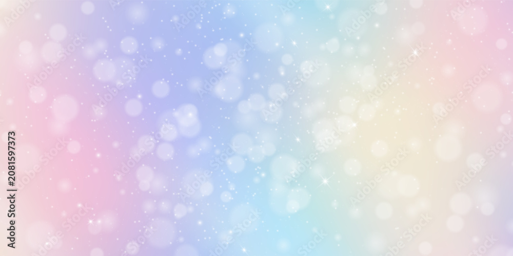 Obraz premium Unicorn magical bokeh background with pastel rainbow gradient and sparkling stars for fantasy design. Soft pink, purple and blue colors with glowing light effects. Dreamy fairy tale atmosphere.