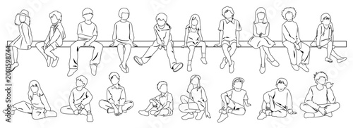 Boys and girls sitting on a bench, silhouettes, vector, handmade, line sketch, group of children, black on white background