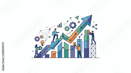 Colorful infographic of people working together to climb a growing bar graph with an upward arrow
