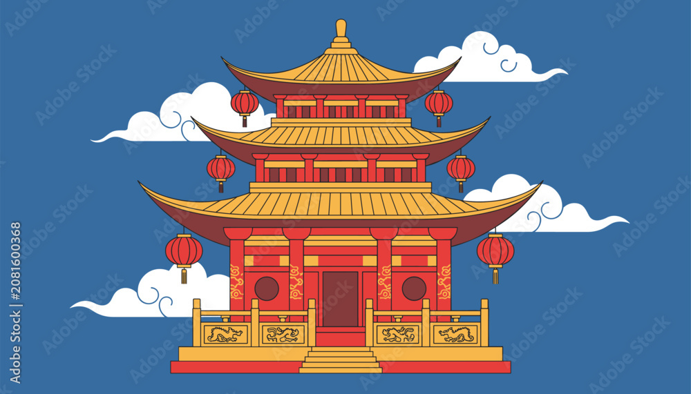 Fototapeta premium Detailed architectural illustration of a traditional red and gold Chinese pagoda with hanging lanterns under clouds.