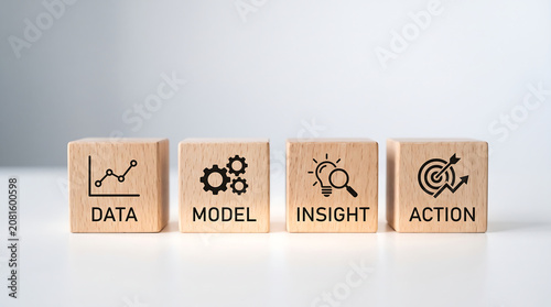 Business strategy blocks, data analysis, insight action model, wooden cubes