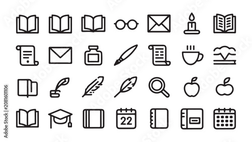 Fotografi Comprehensive Set of Education, Reading, and Writing Line Icons
