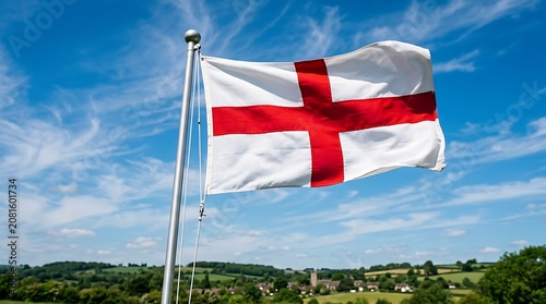 Waving Flag of England against a bright blue sky with clouds in a peaceful rural landscape setting