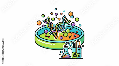 A colorful illustration of DNA petri dish and laboratory equipment