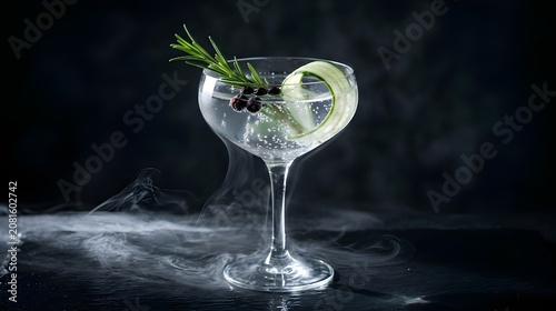 Gelas Koktail Mewah Berasap dengan Hiasan Mentimun dan Rosemary yang Elegan
