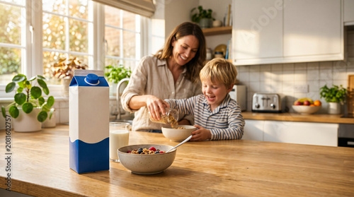 Fresh Milk Carton Mockup on Breakfast Table with Cheerful Mother and Son