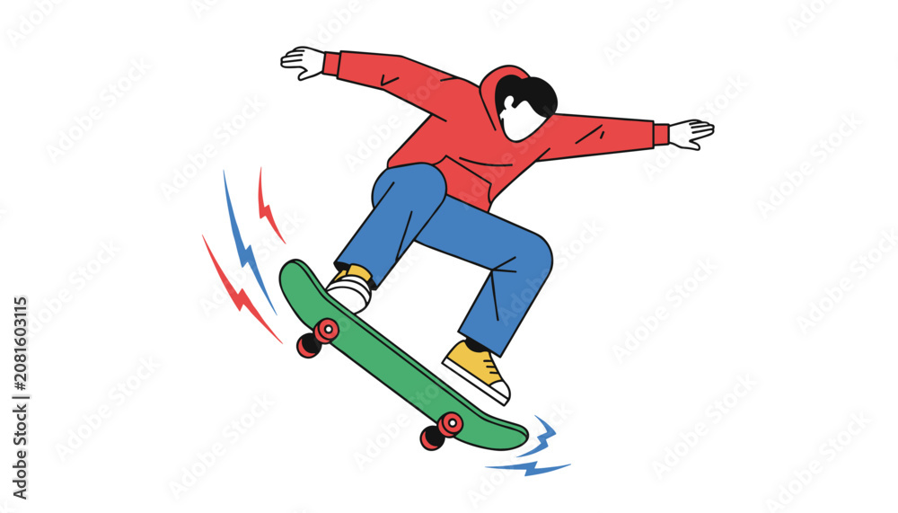 Obraz premium Skateboarder wearing a red hoodie and blue pants performs an active trick on a green skateboard against a white background.