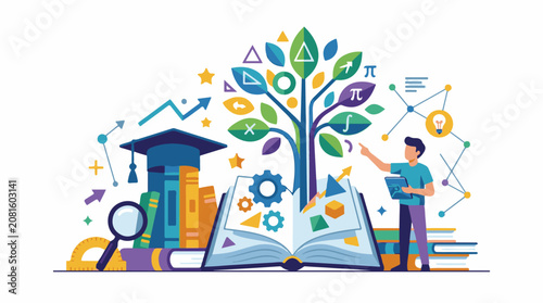 A colorful illustration of a man standing next to an open book with a tree growing out of it surrounded by various educ