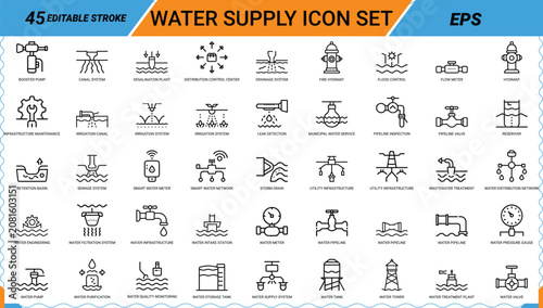 Water supply outline icons set for web and mobile design, modern minimalistic flat design.