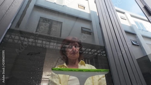 Woman achieves spotless shine using professional window squeegee. Lightweight window squeegee tool with comfortable green handle helps female worker quickly wipe off remaining water drops.
