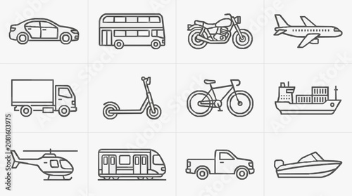 Obraz na płótnie Creative Set of 12 Minimalist Black and White Line Icons of Various Vehicles and
