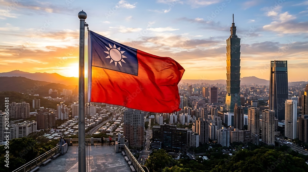 Naklejka premium Waving Taiwan flag over the Taipei city skyline at sunset with a golden warm light aesthetic