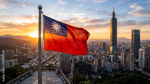 Waving Taiwan flag over the Taipei city skyline at sunset with a golden warm light aesthetic
