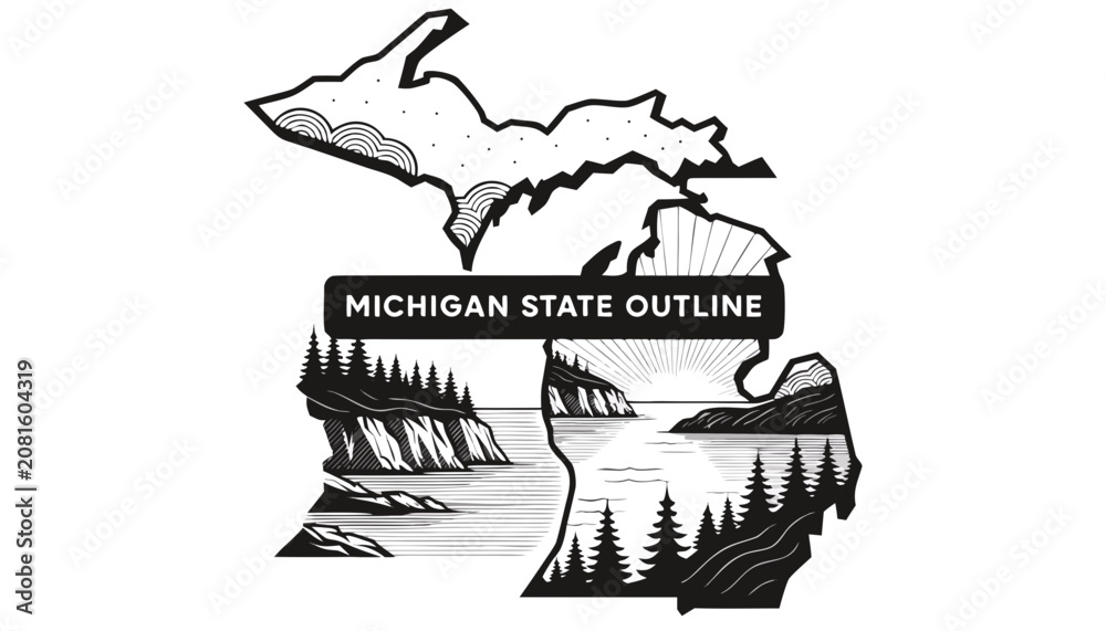 Fototapeta premium Very beautiful black and white realistic vector of the Michigan state outline with a scenic lake landscape, featuring a bold label reading 