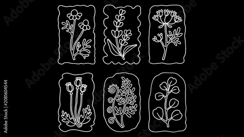 Alpha channel loopable 2D botanical pattern animation. Vintage frames, line art of lavender, chamomile, Queen Anne’s lace, eucalyptus, poppy, fern. Chalk sketch, vibrating lines, wiggly doodle effect.