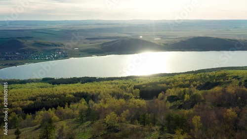 Southern Urals in spring: Irendyk ridge and Talkas Lake at sunset.