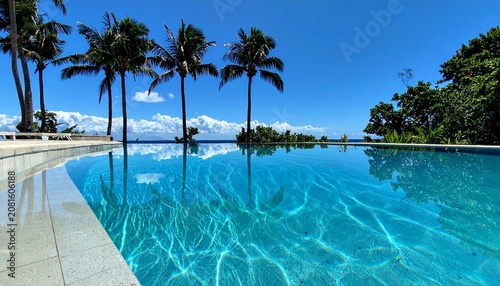 Tropical infinity pool with palm trees and clear water.