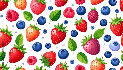 Colorful abstract pattern with floral berry elements and leaves.