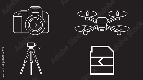Set of photography equipment line icons including camera drone tripod and memory card