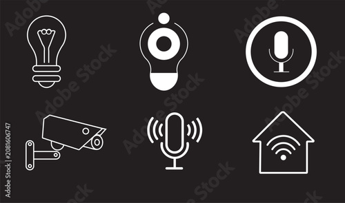 Smart home and multimedia technology icon set including lightbulb microphone and surveillance