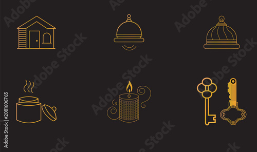 Collection of gold line art icons featuring house food service candle and antique keys, catering