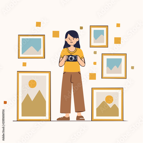 Woman taking photos of artwork pieces.