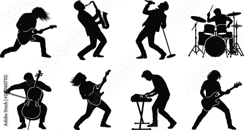 Tableau sur toile Set of musician silhouettes featuring rock band players singer guitarist drummer