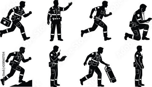 Fotografía Set of paramedic and emergency medical services silhouettes showing rescue staff