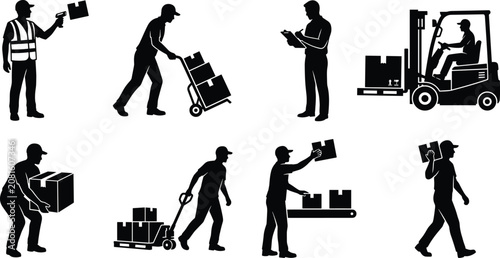 Fotografie Set of warehouse worker silhouettes showing logistics operations forklift drivin