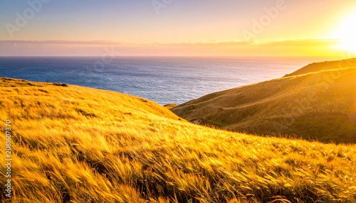 Golden hour sunrise over rolling grassy hills and ocean horizon.