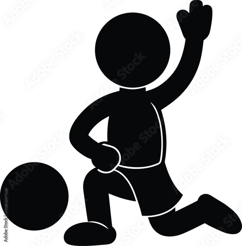 Black silhouette of a person kneeling down and waving a hand next to a round ball shape