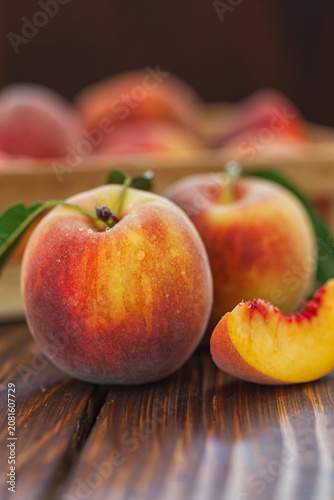 Fresh Peaches on Wooden Table