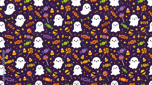 Seamless pattern with cute ghosts and halloween candies