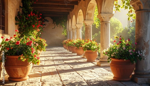 Serene outdoor patio with potted plants and wooden furniture.