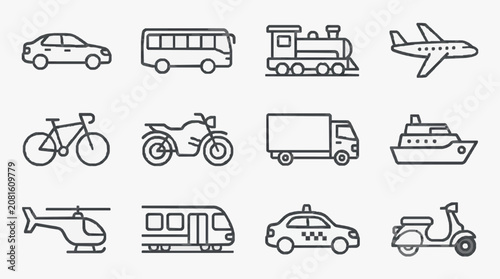 Bild auf Leinwand Elegant Minimalist Line Drawing Set of Various Transportation Vehicles in Monoch