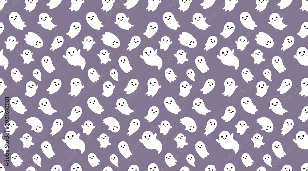 Naklejka premium A seamless pattern of cute little white ghosts on a purple background